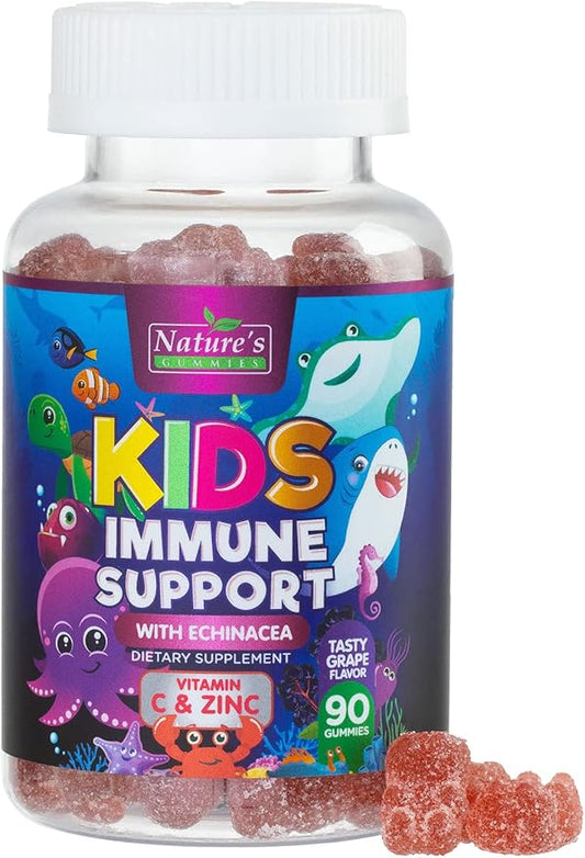 Kids Immune Support Gummies with Echinacea, Zinc & Vitamin C - Berry Flavor Chewable Kids Immunity Gummy Support, Non-GMO Gluten-Free Vegan - Daily Childrens Vitamins with Immune Support - 90 Gummies