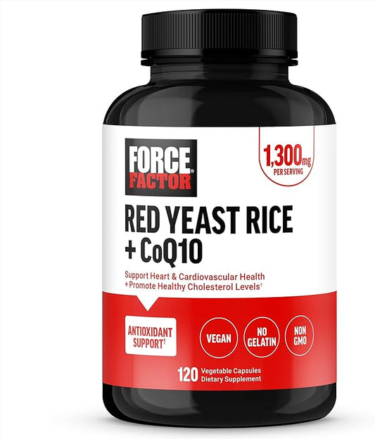 FORCE FACTOR Red Yeast Rice + CoQ10 Supplement for Antioxidant Support, Non-GMO, Vegan-Friendly, Premium Quality, 120 Capsules