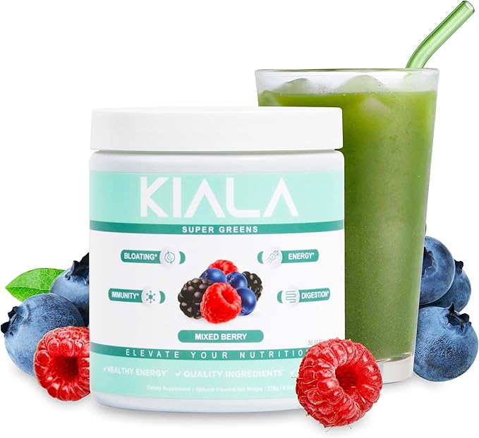 Kiala Nutrition Super Greens, Organic Greens Powder with Spirulina & Chlorella for Digestion, Gut Health, Immunity & Energy, Gluten Free, Vegan, Daily Support for Women, Mixed Berry, 30 Servings