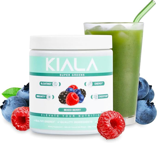 Kiala Nutrition Super Greens, Organic Greens Powder with Spirulina & Chlorella for Digestion, Gut Health, Immunity & Energy, Gluten Free, Vegan, Daily Support for Women, Mixed Berry, 30 Servings