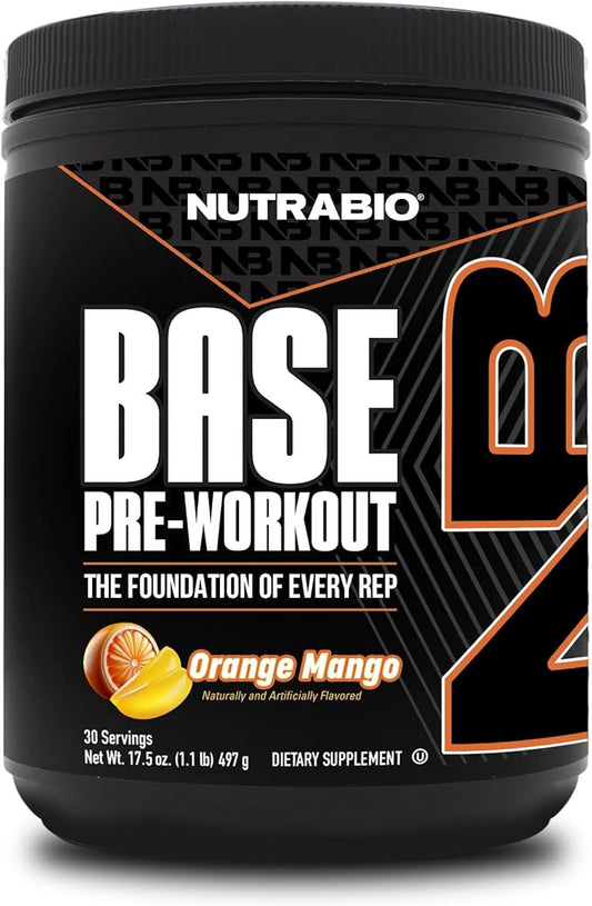 NutraBio Base Pre-Workout Powder 200mg Caffiene, Sustained Energy, Focus, Endurance, Pump, Sugar Free, Clean Preworkout for Men and Women - Beta Alanine, L-Tyrosine, 30 Servings - Orange Mango