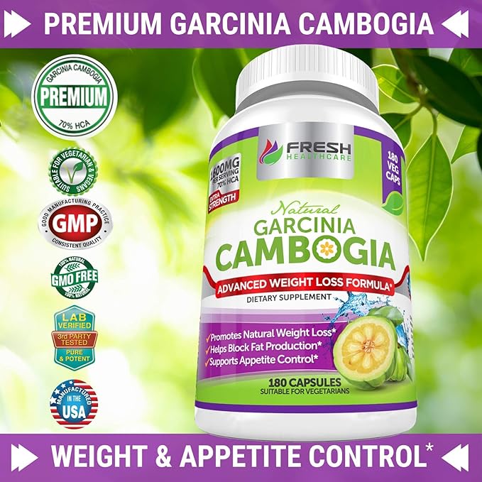 FRESH HEALTHCARE 100% Pure Garcinia Cambogia Extract - All Natural Appetite Suppressant & Weight Management Support - 180 Capsules