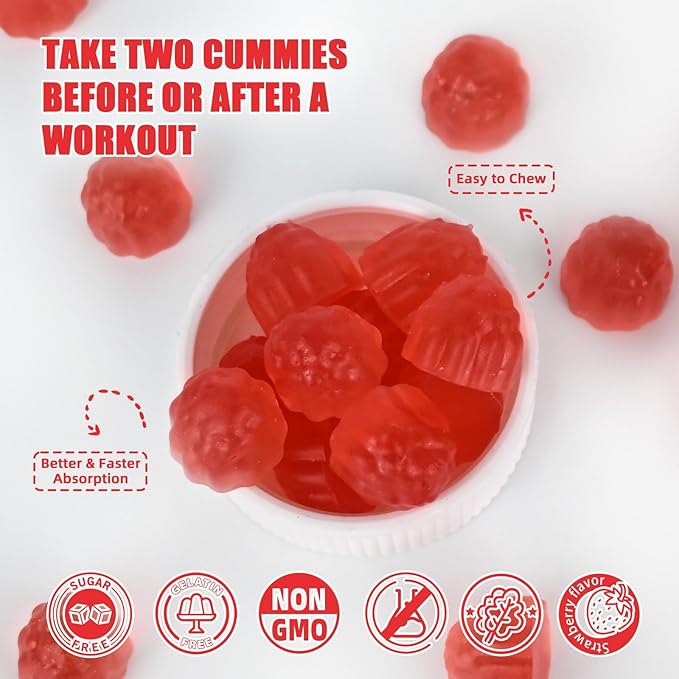 HMB and Leucine Gummies Supplements: HMB and Leucine Amino Acid for Men Women with L-Glutamine for Muscle Growth Fast Workout Recovery, Sugar Free Vegan Non-GMO Strawberry Flavored 30 Day Supply