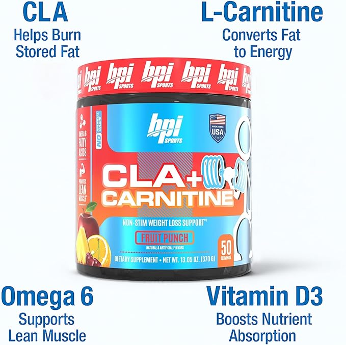 BPI Sports CLA + Carnitine – Conjugated Linoleic Acid – Formula – Performance, Lean Muscle – Caffeine Free – For Men & Women – Fruit Punch – 50 servings – 12.34 oz.