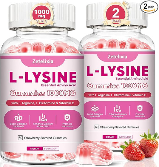 2 Pack L-Lysine Gummies 1000mg, Lysine Gummies Supplement for Adults & Kids, Essential Amino Acid with L-Arginine, L-Glutamine for Lip & Skin, Immune, Calcium Absorption, Strawberry Flavor, 120Ct