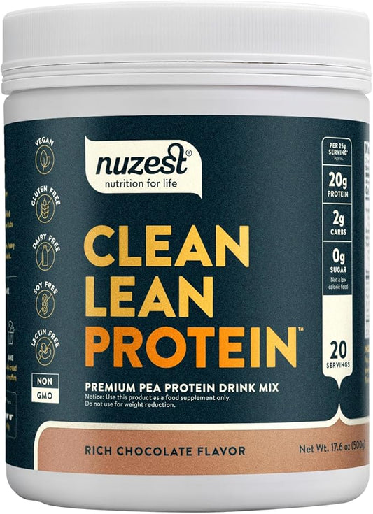 Nuzest - Pea Protein Powder - Clean Lean Protein, Premium Vegan Plant Based Protein Powder, Dairy Free, Gluten Free, GMO Free, Protein Shake, Rich Chocolate, 20 Servings, 1.1 lb