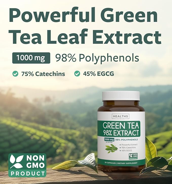 Green Tea Extract Capsules 98% with EGCG (Non-GMO) for Natural Metabolism Boost - Leaf Polyphenol Catechins - Antioxidant Supplement - Green Tea Pills - 1000mg (500mg per Capsule) - 30 Capsules
