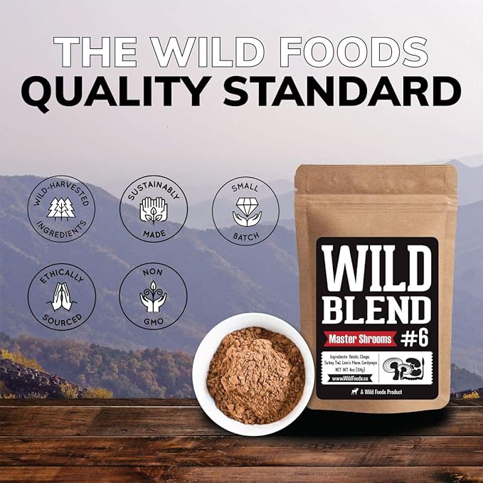 Wild Foods Wild Mushroom Blend-Supercharged Reishi, Chaga, Cordyceps, Turkey Tail and Lion’s Mane - 8Oz Pack Adaptogenic Stress Reducer for Increased Mental Clarity - Nootropic Liquid Blend for Coffee