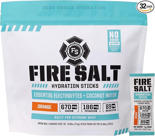 Fire Science Fire Salt Hydration Sticks, Electrolytes & Coconut Water, Hydration Drink Mix with Magnesium, Potassium & Sodium, Zero Sugar, Single Serve On The Go Packs, Vegan, Orange Flavor, 32 Count