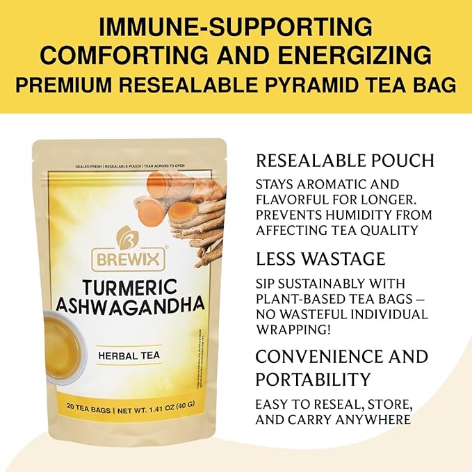 BREWIX, Turmeric Ashwagandha Herbal Tea Bags (20 Pyramid Tea Bags) Real Ingredients From India, Caffeine Free & Naturally Gluten Free | 100% Pure Herbal Blend Packed in Resealable Ziplock Pouch