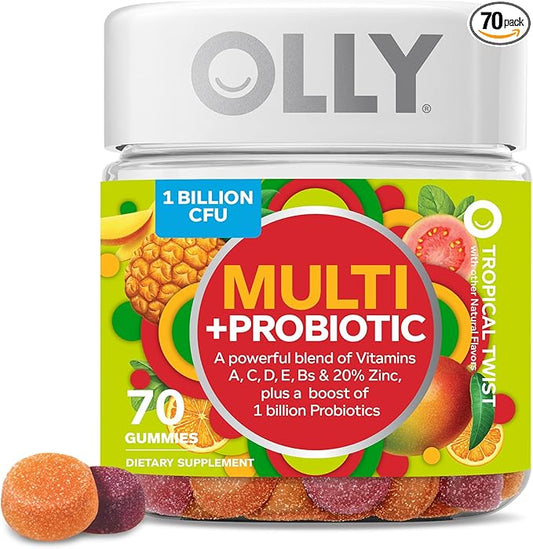 OLLY Multi + Probiotic Adult Multivitamin Gummy, 1 Billion CFUs, Digestive and Immune Support Chewable Supplement, Tropical Twist, 35 Day Supply - 70 Count