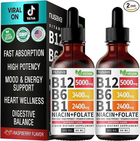 (2 Pack) Vitamin B12 and B6 Liquid Drops, B12 Sublingual Vitamin B Complex - B 12 Vitamin 5000mcg - B12 Methylcobalamin for Energy, Brain, and Heart Support with 27,200 mcg, Raspberry, 80 Servings