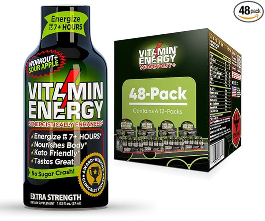 Vitamin Energy Workout+ Extra Strength Daily Energy Shot – Sour Apple – 260mg Natural Caffeine, B-Vitamins – Pre-Workout & Endurance Support – Zero Sugar, Vegan, Kosher – 1.93 fl oz, 48-Pack
