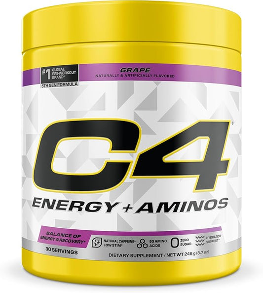 Cellucor C4 Energy + Aminos Powder | 5g BCAAs & EAAs for Muscle Recovery, 3 Electrolytes for Hydration, 100mg Natural Caffeine | Pre Workout | Zero Sugar, 30 Servings, Grape