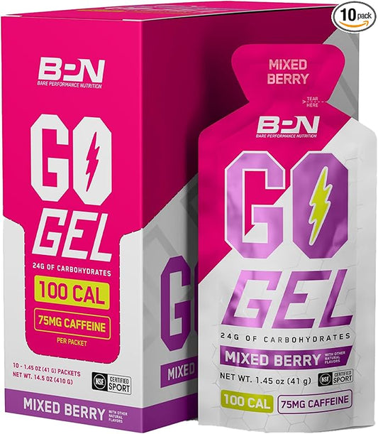 BARE PERFORMANCE NUTRITION, BPN Go Gel Endurance, 24g of Carbohydrates & 100 Calories per Pack, Vegan + Gluten Free Running Gel, 10 Single-Serving Packs, Caffeinated Mixed Berry