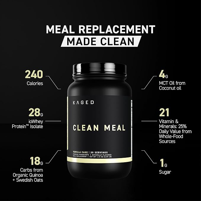 Kaged Clean Meal Replacement Shake with Whey Protein Isolate, Vanilla Cake| Clean Carbs, MCT Oil Fats, Organic Vitamins and Minerals, 20 Servings