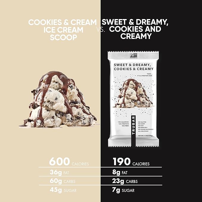 TRUBAR Vegan Protein Bar, Sweet & Dreamy Cookies and Creamy, Gluten Free, Plant Based Protein, Dairy Free, Non GMO, Soy Free, No Sugar Alcohols, 12G Protein, 12G Fiber, 23G Carb, On the Go Snack Bars, 8ct
