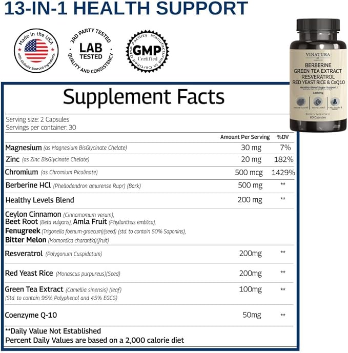 Berberine HCL & Ceylon Cinnamon - Red Yeast Rice & CoQ10 1300mg per Serving *USA Made & Tested* Healthy Levels with Green Tea Extract, Resveratrol, Magnesium, Glycinate, Chromium Picolinate