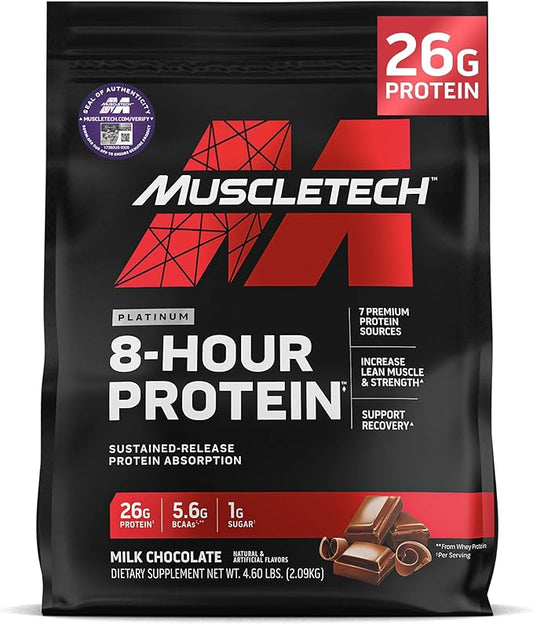 MuscleTech Platinum 8-Hour Protein Powder - 7 Premium Protein Sources with Whey & Casein Protein for Increased Lean Muscle, Strength & Improved Recovery - Milk Chocolate, 50 Servings