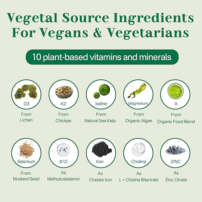 Vegan Multivitamin for Women & Men (Made in USA) w/ Methyl B12, D3 K2, Plant Based Omega 3 (DHA+EPA), Iron, Choline, Zinc, Whole Food Daily Vitamins Gummies for Vegans & Vegetarians, Sugar Free, 60Cts