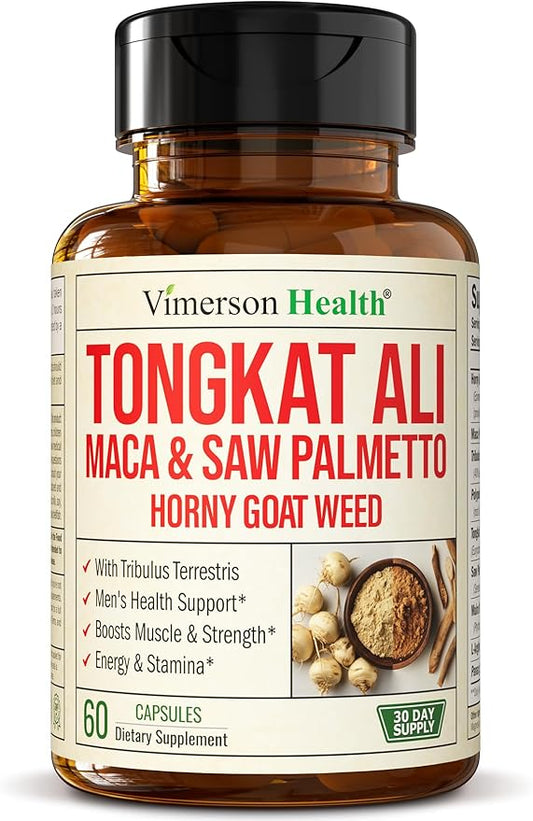 Tongkat Ali & Hornygoatweed for Men with Maca Root Powder, Saw Palmetto for Men and Tribulus Terrestris - Healthy Testosterone Support and Balanced Energy Supplements - 60 Premium Tongat-Ali Capsules