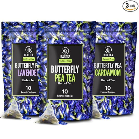 BLUE TEA - Pack of 3 - Butterfly Pea Flower (10 TB) + Butterfly Pea Cardamom (10 TB) + Butterfly Pea Lavender (10 TB) || FARM PACKED - HERBAL TEA || Caffeine Free - Gluten Free - Non-GMO |