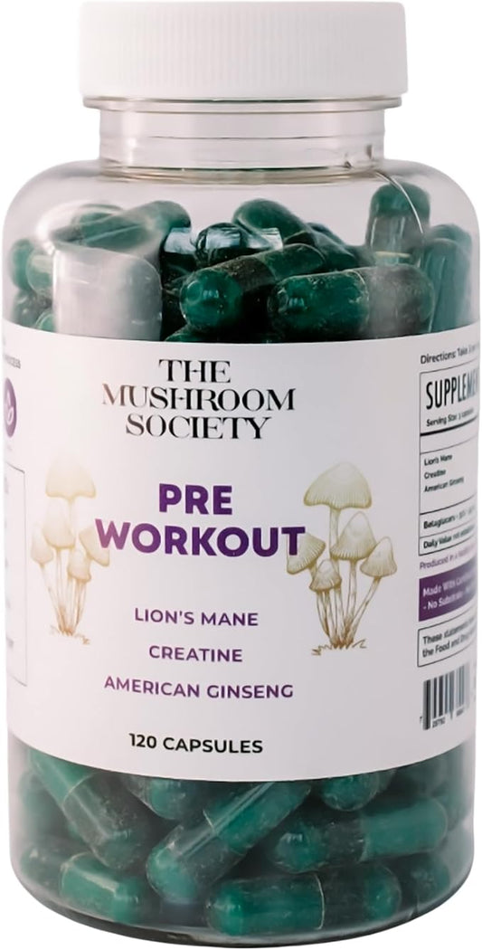 Pre-Workout Supplement - Lion’s Mane, Creatine, & American Ginseng Extract Blend - Energy, Focus & Performance Support - Natural Workout Support - 120 Capsules
