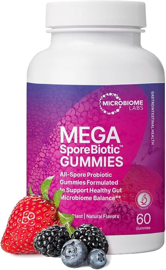Microbiome Labs Spore Based Probiotic Gummies for Women, Men & Children - MegaSporeBiotic Gummies - 4 Bacillus Probiotics for Digestive Health & Microbiome Support - Berry Flavor (60 Gummies)