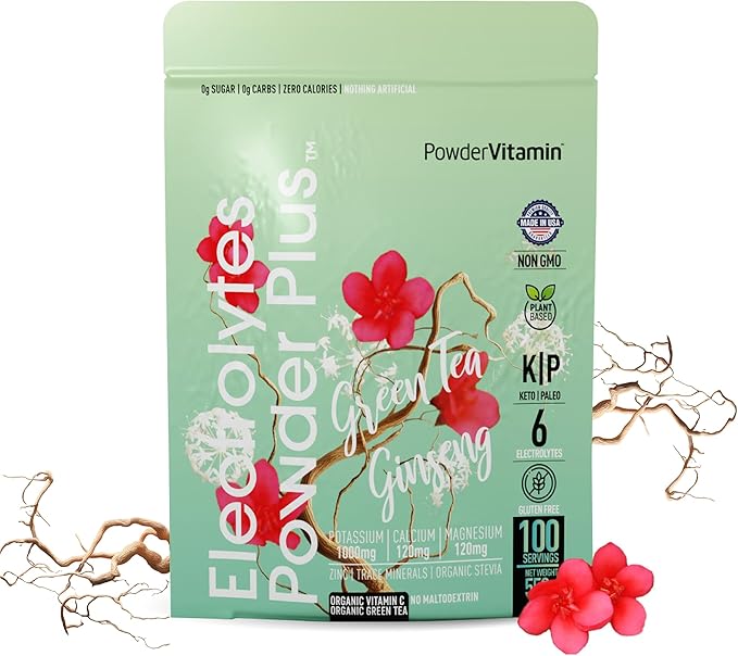 Electrolytes Powder Plus (100 Servings) Green Tea Ginseng Electrolyte Powder Keto, Sugar Free, Pink Himalayan Salt,1000mg Potassium,120mg Calcium,120mg Magnesium, Hydration Powder