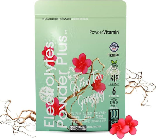 Electrolytes Powder Plus (100 Servings) Green Tea Ginseng Electrolyte Powder Keto, Sugar Free, Pink Himalayan Salt,1000mg Potassium,120mg Calcium,120mg Magnesium, Hydration Powder
