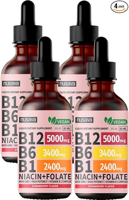 (4 Pack) Vitamin B12 and B6 Liquid Drops, B12 Sublingual Vitamin B Complex - B 12 Vitamin 5000mcg - B12 Methylcobalamin for Energy, Brain, and Heart Support with 27,200 mcg, Strawberry, 80 Servings