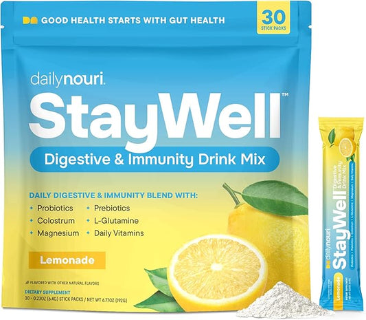 Nouri Daily StayWell Digestive & Immunity Drink Mix | Probiotics, Prebiotics, Colostrum, L-Glutamine, Magnesium, Manganese, Zinc, Vitamins for Gut Health, Digestion & Immune Support | 30 Stick Packs