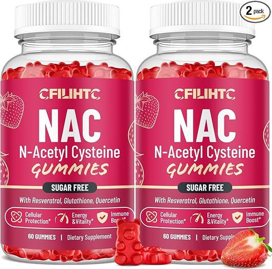 (2 Pack) NAC Gummies 600mg, N Acetyl Cysteine Supplement with Glutathione, Resveratrol, Magnesium, CoQ10, NAC Chewable for Antioxidants & Immune Support, Strawberry Flavor 120 Gummies