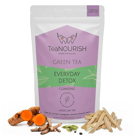 Everyday Detox Green Tea | Darjeeling Loose Leaf | 100% Natural Turmeric, Ashwagandha, Cardamom, Shatavari, Stevia | 50 Cups Hot Tea or Iced Tea - 3.53oz/100g