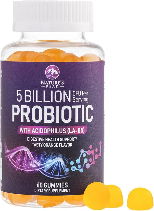 Probiotic Gummies for Women, Men & Teens - 5 Billion CFUs, 6 Probiotic Strains, Orange Flavor - Daily Gummy Probiotics Supplement for Natural Digestive Health, “Good” Gut & Immune Support - 60 Count