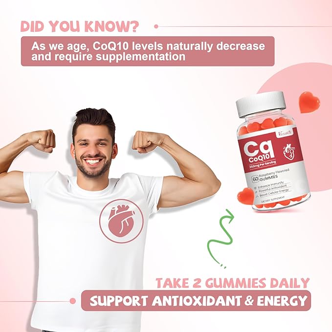 2 Pack CoQ10 Gummies 250 mg, Plus Omega-3, Magnesium, Vitamin B12 for Cellular Energy, Brain & Antioxidant, 5X Better Absorption Coenzyme Q10 Supplement, Raspberry Flavored Gummies - 120 Cts