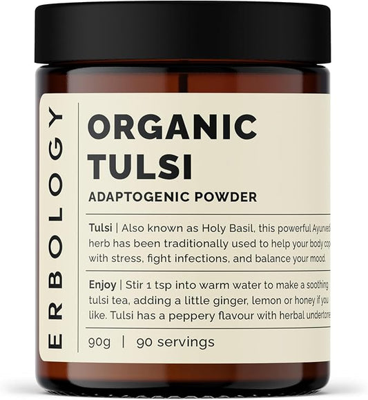 Erbology 100% Organic Tulsi Powder 6.4 oz - Holy Basil - Calm and Mood - Straight from Farm - Raw, Vegan and Gluten-Free - Non-GMO - No Additives or Preservatives - Recyclable Glass Jar