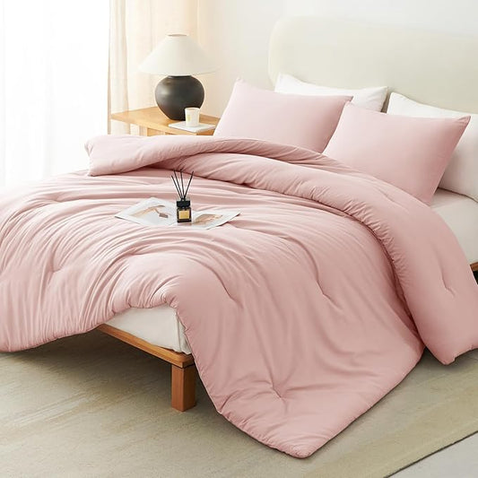 CozyLux Blush Pink Comforter Set Full Size for Girls, 3 Pieces Women Solid Breathable Quilted Boho Style Bedding Sets, Luxury Fluffy Soft Microfiber Comforter & 2 Pillowcases All Season