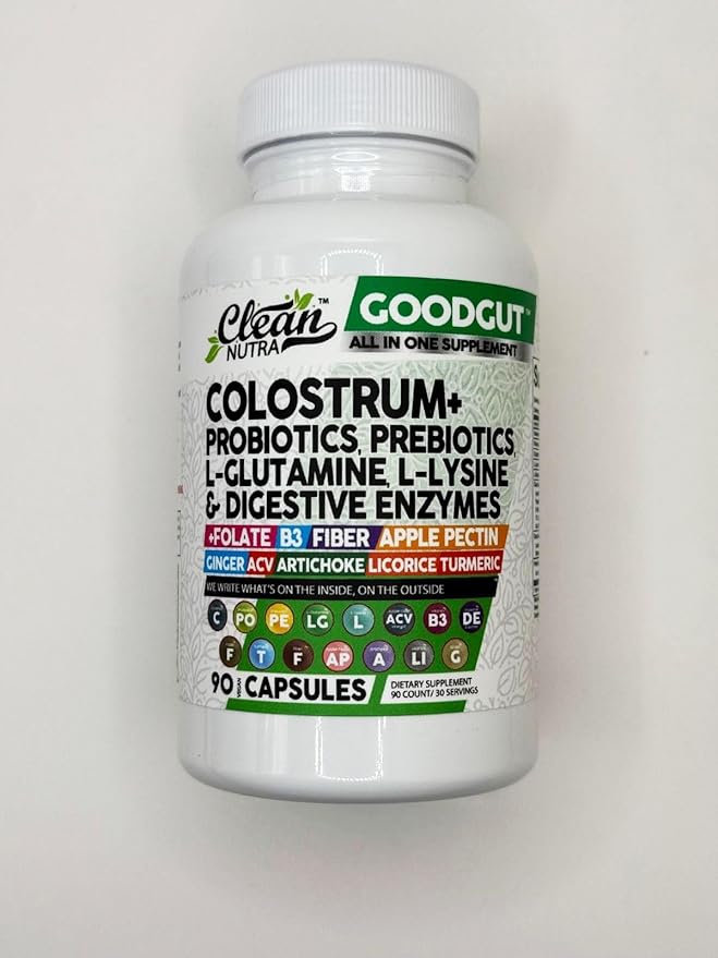 Clean Nutraceuticals Colostrum Supplement Capsules Probiotics Pills Prebiotics, L-Glutamine, Digestive Enzymes, Folate, Fiber, ACV, Turmeric, Apple Pectin and Turmeric Good Gut