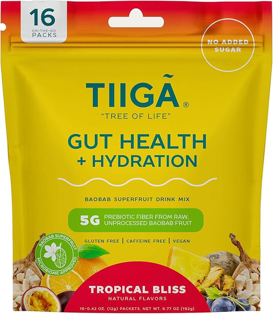 Tiiga 2-in-1 Gut Health + Hydration Drink Mix – Natural Debloat Formula with 75%+ Baobab & Coconut Water. High in Antioxidants, Prebiotics, Zero Added Sugar, Supports Digestion, Energy & Helps Debloat