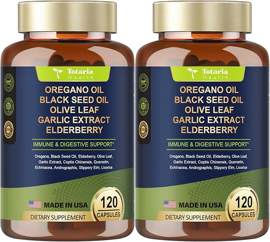 (Pack of 2 Oil of Oregano with Black Seed Oil Capsules High Absorption with Garlic,Olive Leaf,Quercetin,Black Pepper and More Supplement for Women and Men Immune Support