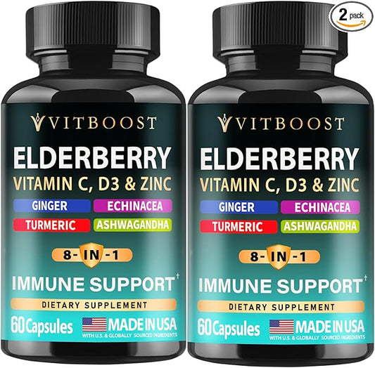 Elderberry Immune Support Supplement 8-in-1 Formula with Echinacea, Vitamin C & Zinc, Vitamin D 5000 IU, Turmeric, Ginger, Ashwagandha – Pack of 2