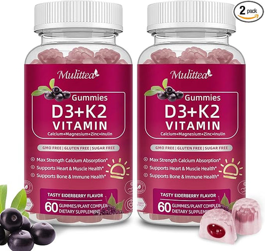 Vitamin D3 10000 IU + K2 (MK7) 200mcg w/Calcium Magnesium Zinc Elderberry & Inulin-Highly Bioavailable-Enhanced Absorption for Immune & Bone Support- K2 D3 Vitamin Supplement-Vegan Gummies