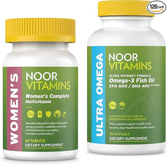 Noor Vitamins Women's Multivitamin and Omega Fish Oil Supplement Bundle