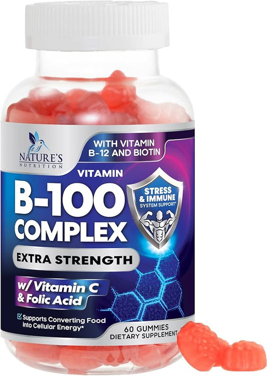 B Complex Gummy with Vitamin C & Folic Acid, Extra Strength Vitamin B Gummies Supplement with Niacin, B6, Folic Acid, Super B12, Biotin, Nature's Energy Immune Support Supplements - 60 Gummies