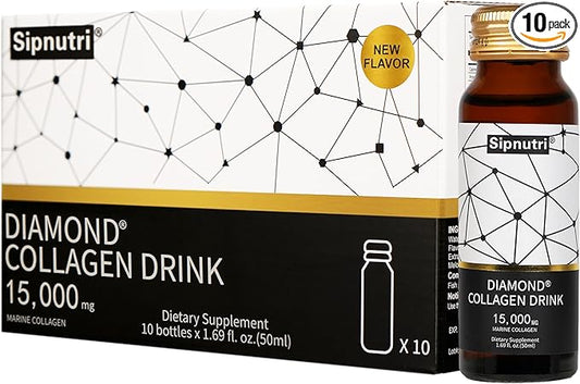 Diamond Liquid Collagen Drink, 15000 mg Hydrolyzed Marine Collagen Peptides with Vitamin C, Pomegranate, Healthy Hair Skin Nails Joints Bones Support, 50 ml x 10 Bottles