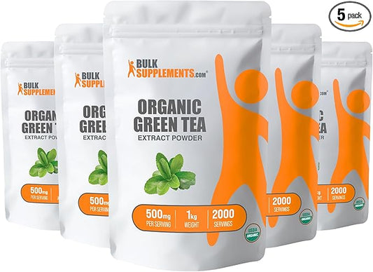 BulkSupplements.com Organic Green Tea Extract Powder - Herbal Supplement, Green Tea Supplement, Green Tea Powder - Vegan & Gluten Free, 500mg per Serving, 5kg (11 lbs) (Pack of 5)
