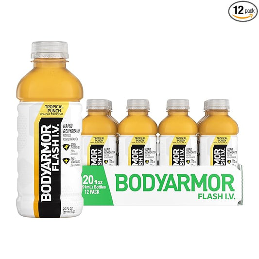 BODYARMOR Flash I.V. Electrolyte Beverage, Tropical Punch, Hydration Drink with Coconut Water For Rapid Rehydration, Post Workout Recovery, 20 Fl Oz (Pack of 12)