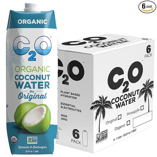 C2O - Organic Coconut Water, The Original Flavor (6 Pack) - Made with Fresh Coconut Water - Plant Based, Non GMO - Natural Hydration, Essential Electrolytes, & Potassium - 6 Tetra Packs, 33.8 FL OZ