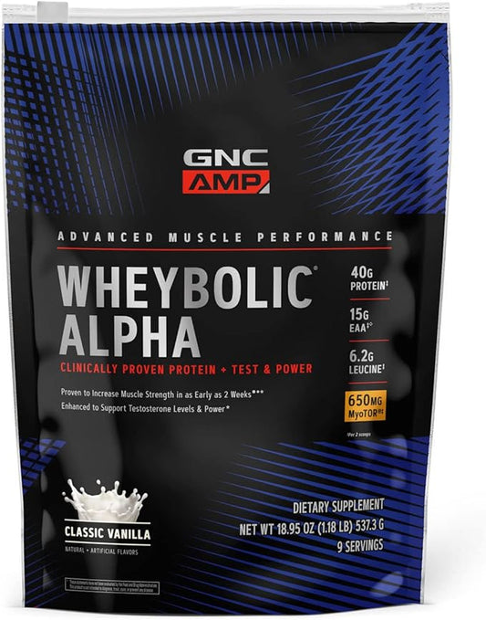 GNC AMP Wheybolic Alpha Clinically Proven Protein Powder, Increases Muscle Strength, Size & Power, Boost Testosterone Levels, 40g Protein, 6.2g Leucine, 15g EAAs, Creatine, Classic Vanilla, 9 SVG